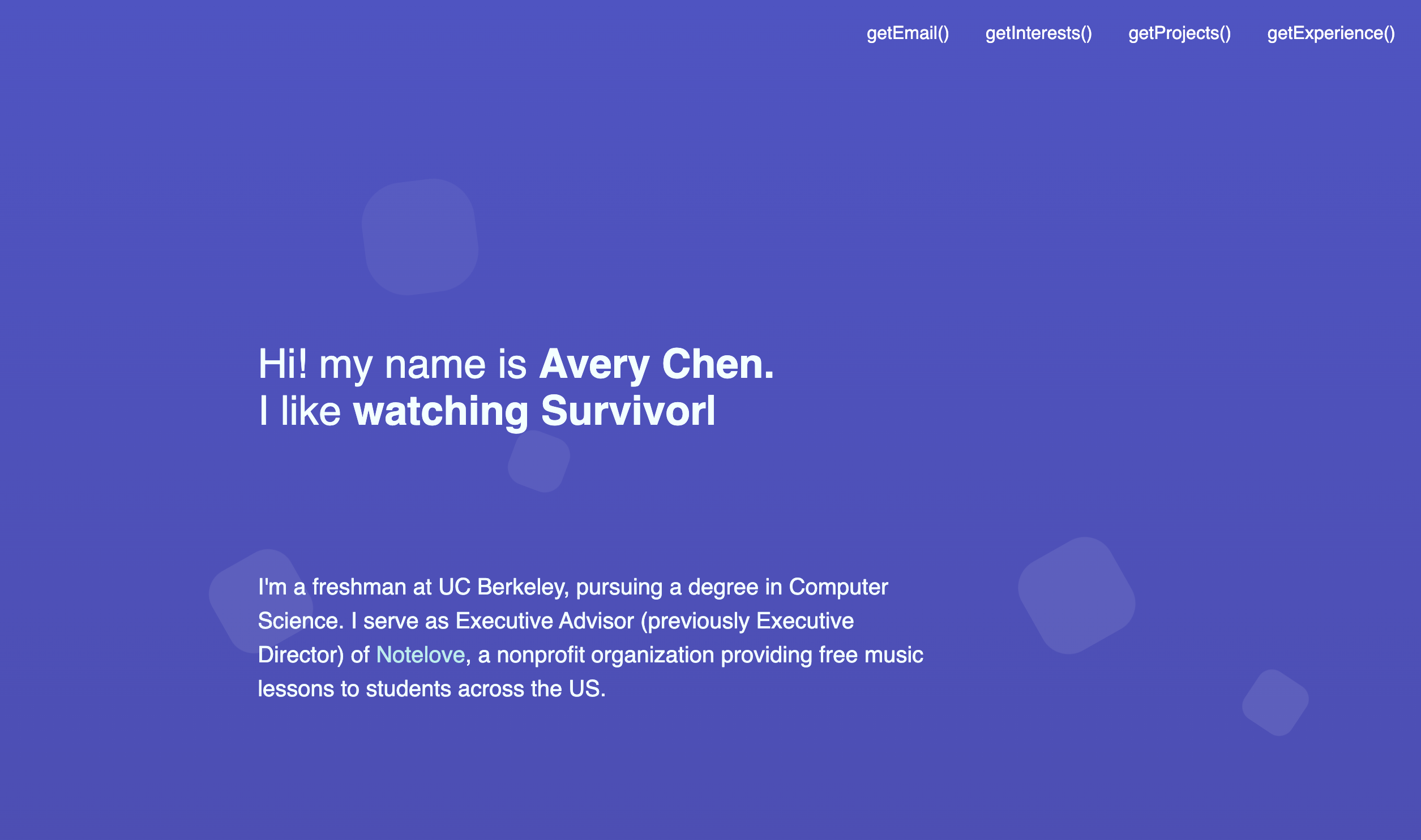 screenshot showing a purple home page of Avery Chen's personal website